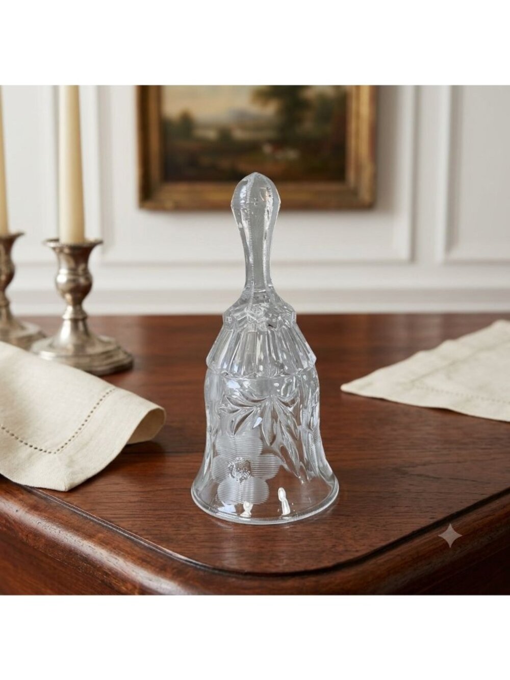 Vintage Clear Glass Dinner Bell Cut Pinwheel Frosted Floral Gray Etched Crystal